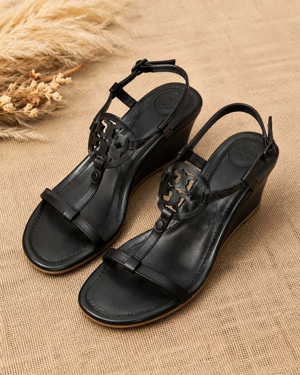 Tory Burch Miller 60mm Wedge Veg Nappa Black Sandals Size 7.5